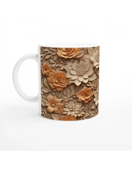 Gül Dokunuşlu Rölyef Çiçek Desenli Kupa Bardak