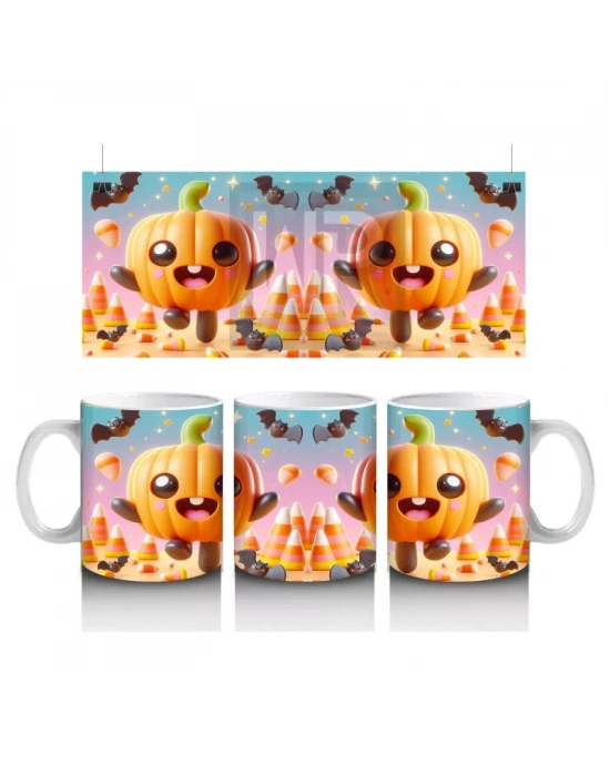 Gülen Balkabakları ve Şekerlemelerle Sevimli Cadılar Bayramı Baskılı Kupa Bardak