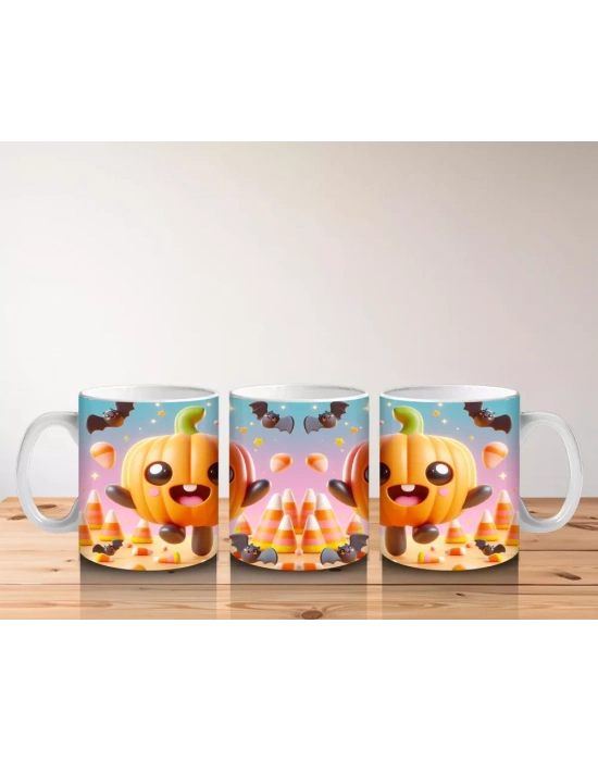 Gülen Balkabakları ve Şekerlemelerle Sevimli Cadılar Bayramı Baskılı Kupa Bardak