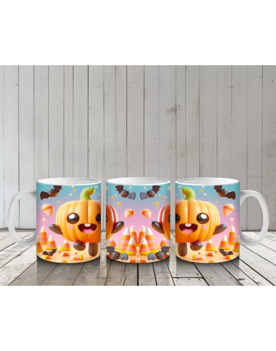 Gülen Balkabakları ve Şekerlemelerle Sevimli Cadılar Bayramı Baskılı Kupa Bardak