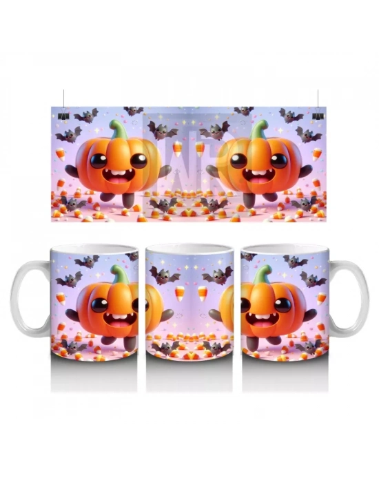 Gülen Balkabakları ve Yarasa Figürlü Renkli Cadılar Bayramı Baskılı Kupa