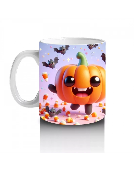 Gülen Balkabakları ve Yarasa Figürlü Renkli Cadılar Bayramı Baskılı Kupa