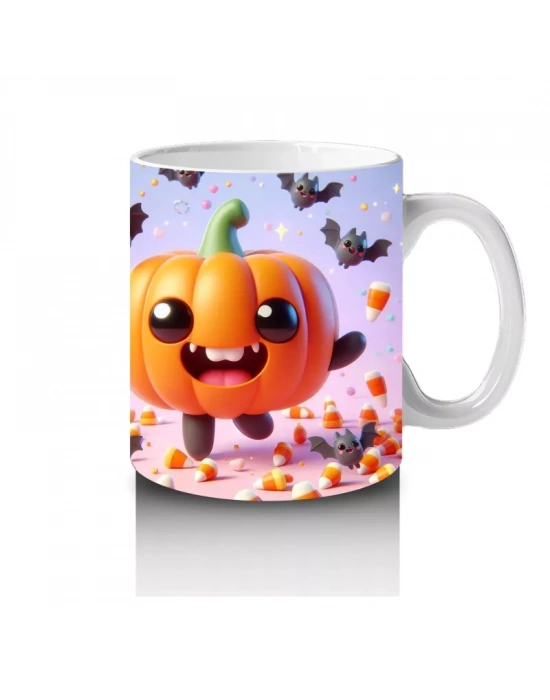 Gülen Balkabakları ve Yarasa Figürlü Renkli Cadılar Bayramı Baskılı Kupa