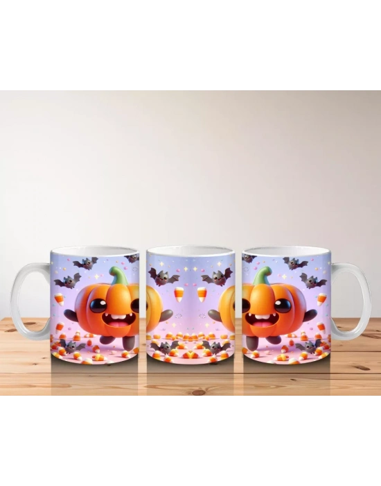 Gülen Balkabakları ve Yarasa Figürlü Renkli Cadılar Bayramı Baskılı Kupa