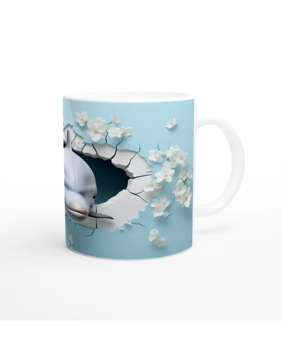 Gülen Yunus ve Çiçeklerle Delinen Duvar Su Altı Temalı Kupa Bardak