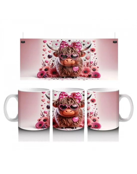 Güllerle Çevrili Kalpli Boğa Figürü – Baskılı Kahve Kupası