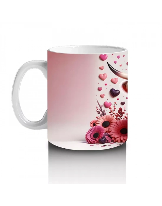 Güllerle Çevrili Kalpli Boğa Figürü – Baskılı Kahve Kupası