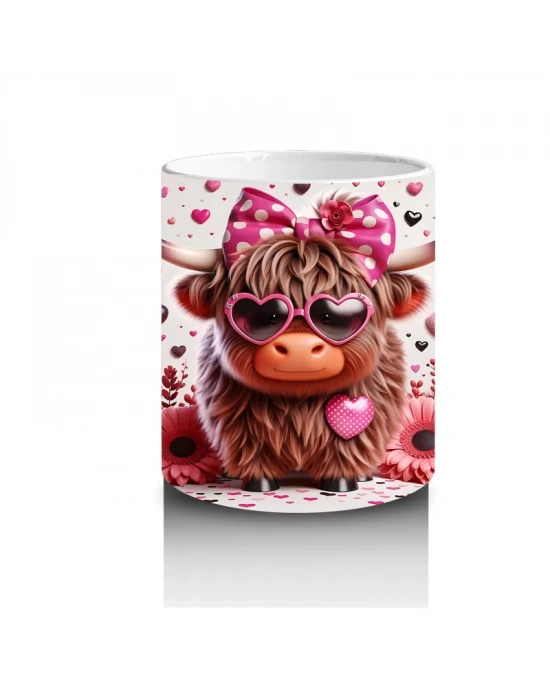 Güllerle Çevrili Kalpli Boğa Figürü – Baskılı Kahve Kupası