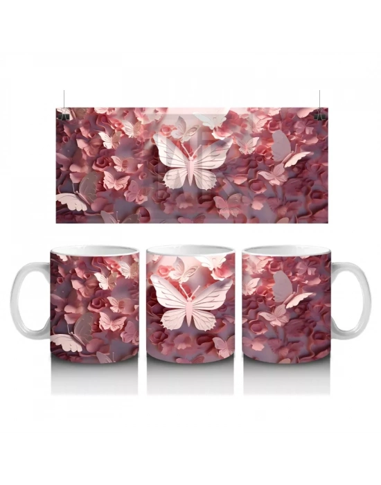 Güllerle Kaplı Zeminde Beyaz Kelebek – Baskılı Kahve Kupası