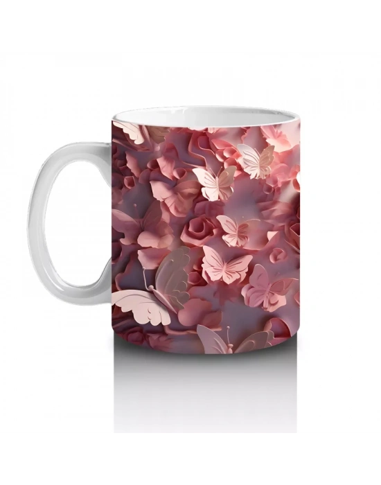 Güllerle Kaplı Zeminde Beyaz Kelebek – Baskılı Kahve Kupası