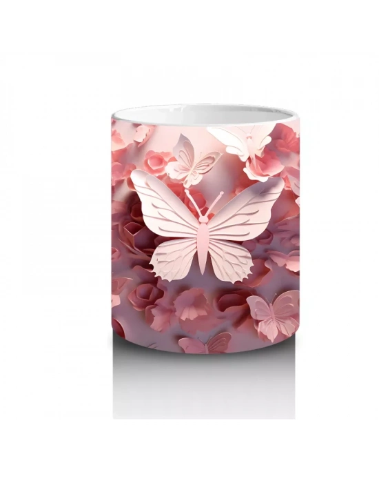 Güllerle Kaplı Zeminde Beyaz Kelebek – Baskılı Kahve Kupası