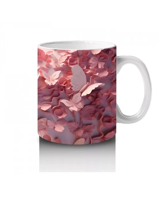 Güllerle Kaplı Zeminde Beyaz Kelebek – Baskılı Kahve Kupası