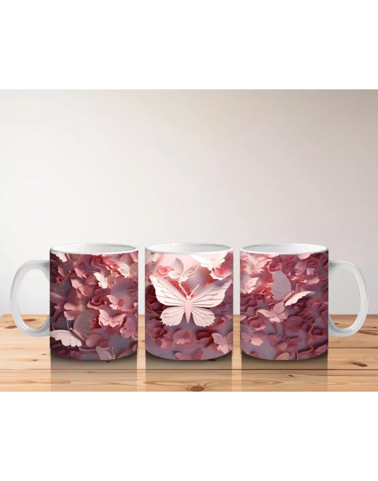 Güllerle Kaplı Zeminde Beyaz Kelebek – Baskılı Kahve Kupası