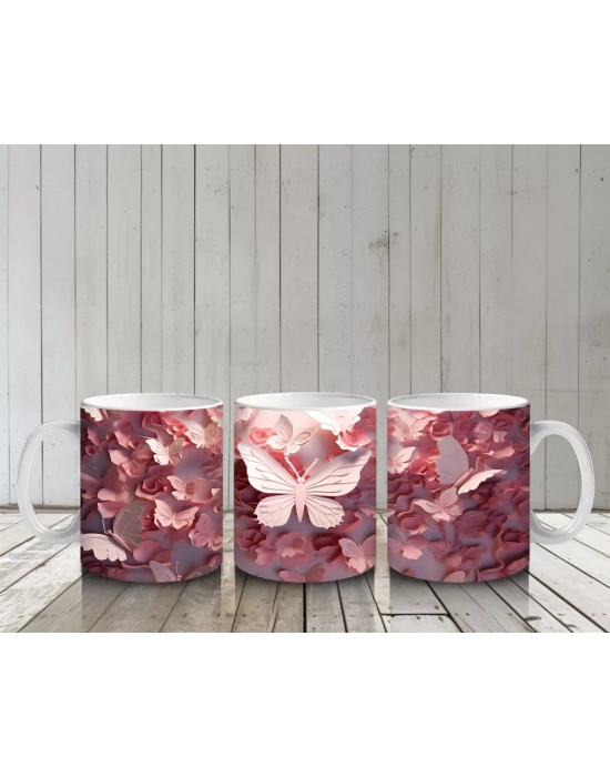 Güllerle Kaplı Zeminde Beyaz Kelebek – Baskılı Kahve Kupası