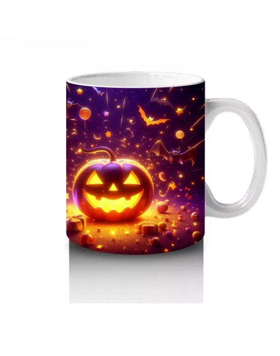 Gülümseyen Alevli Balkabakları Desenli Parlak Cadılar Bayramı Baskılı Kupa