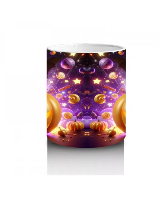 Gülümseyen Balkabakları ve Işıltılı Arka Planla Cadılar Bayramı Baskılı Kupa Bardak