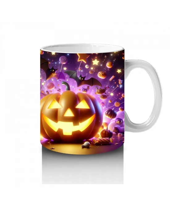 Gülümseyen Balkabakları ve Işıltılı Arka Planla Cadılar Bayramı Baskılı Kupa Bardak