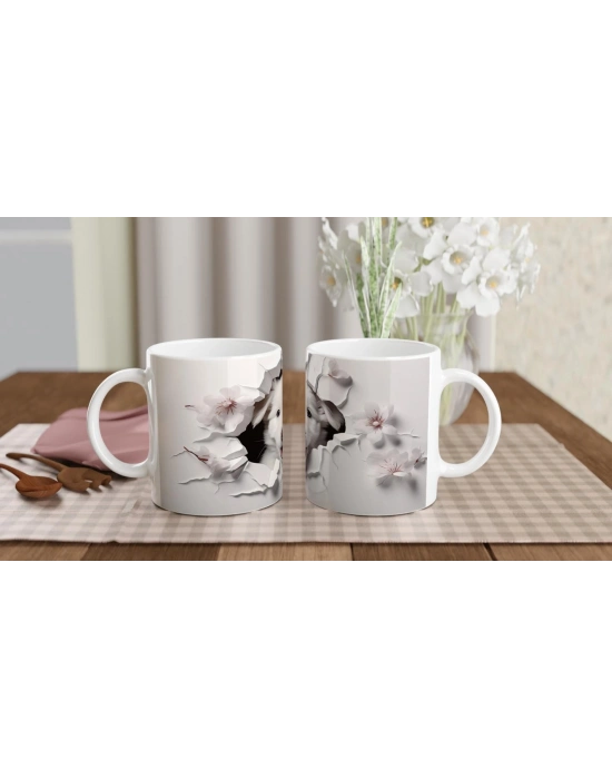 Gülümseyen Beyaz Yavru Köpek ve Kiraz Çiçekleri Baskılı Kupa Bardak