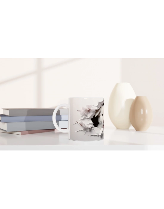 Gülümseyen Beyaz Yavru Köpek ve Kiraz Çiçekleri Baskılı Kupa Bardak