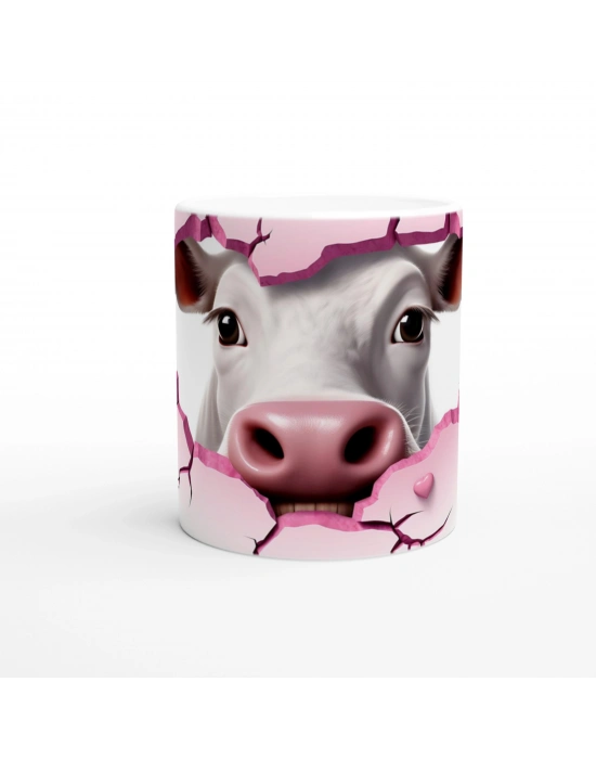 Gülümseyen İnek ve Kalpli Çatlak Duvar Temalı Baskılı Kupa Bardak
