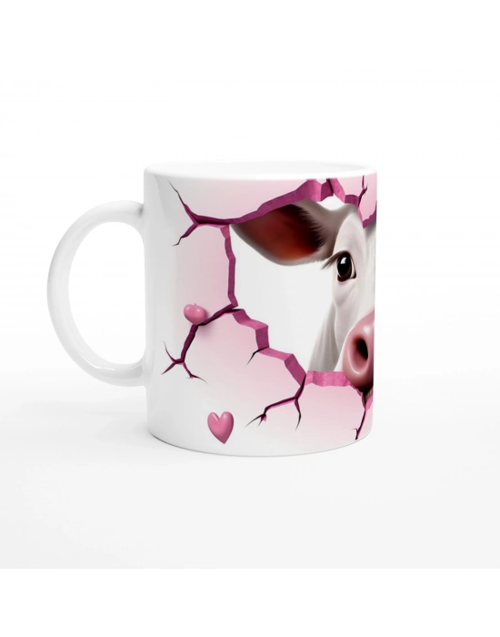 Gülümseyen İnek ve Kalpli Çatlak Duvar Temalı Baskılı Kupa Bardak