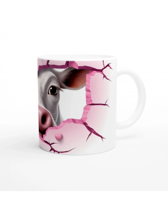 Gülümseyen İnek ve Kalpli Çatlak Duvar Temalı Baskılı Kupa Bardak