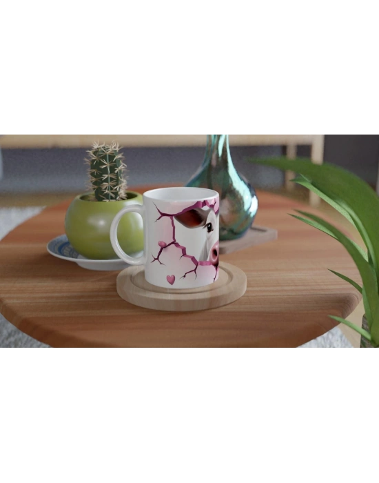 Gülümseyen İnek ve Kalpli Çatlak Duvar Temalı Baskılı Kupa Bardak