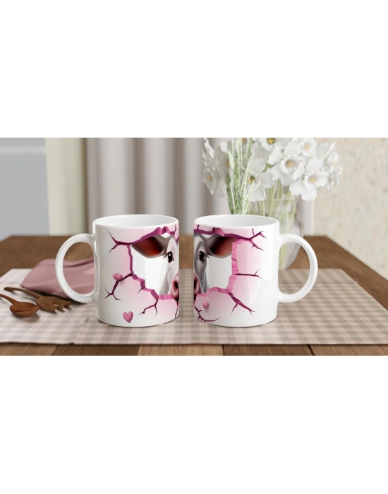 Gülümseyen İnek ve Kalpli Çatlak Duvar Temalı Baskılı Kupa Bardak