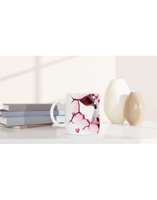 Gülümseyen İnek ve Kalpli Çatlak Duvar Temalı Baskılı Kupa Bardak