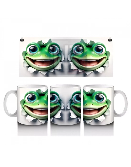 Gülümseyen Yeşil Kurbağa Maskot Çifti – Baskılı Kahve Kupası