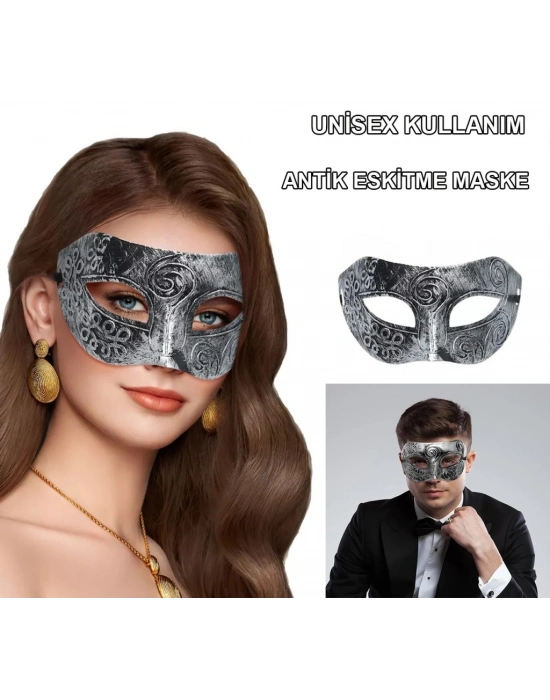 Gümüş Eskitme Yüz Maskesi - Antik Tarz Balo Maskesi