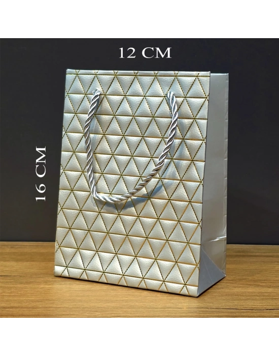 Gümüş Geometrik Desenli Mini Boy Karton Hediye Çantası