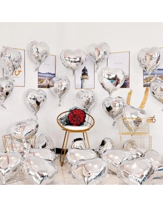 Gümüş Kalp Şekilli Uçan Balon Folyo 10 Adet