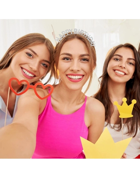 Gümüş Kristal Taşlı Happy Birthday Tacı