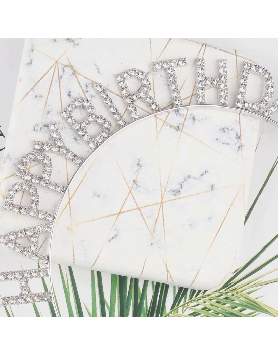 Gümüş Kristal Taşlı Happy Birthday Tacı