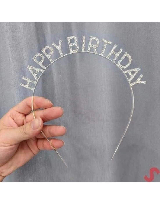 Gümüş Kristal Taşlı Happy Birthday Tacı
