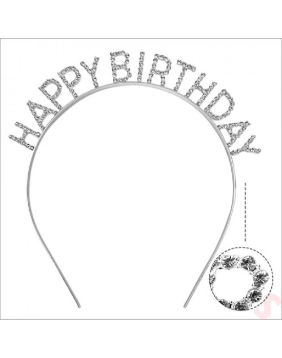 Gümüş Kristal Taşlı Happy Birthday Tacı