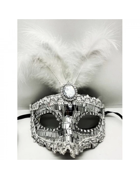 Gümüş Payetli Pullu Tüylü Parti Maskesi