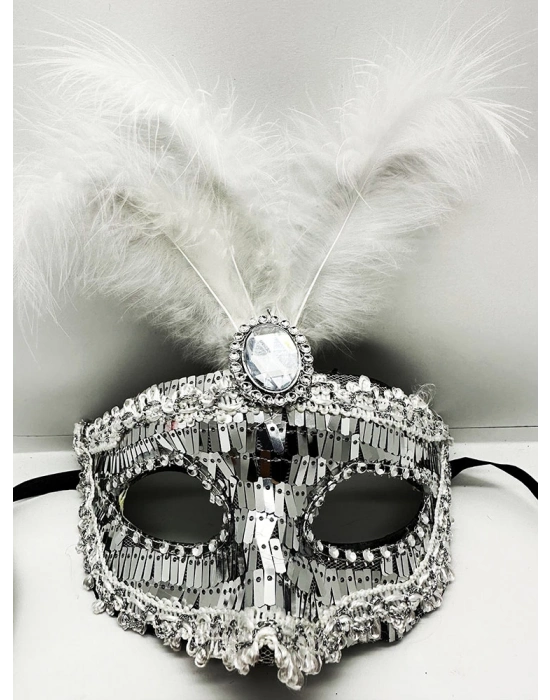 Gümüş Payetli Pullu Tüylü Parti Maskesi