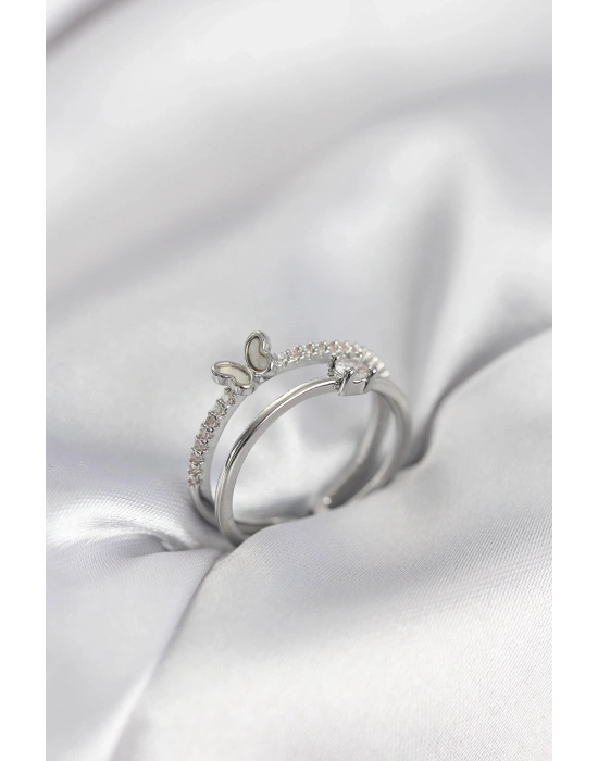 ® Gümüş Renk 2li Zirkon Taşlı Kelebek Model Kadın Yüzük