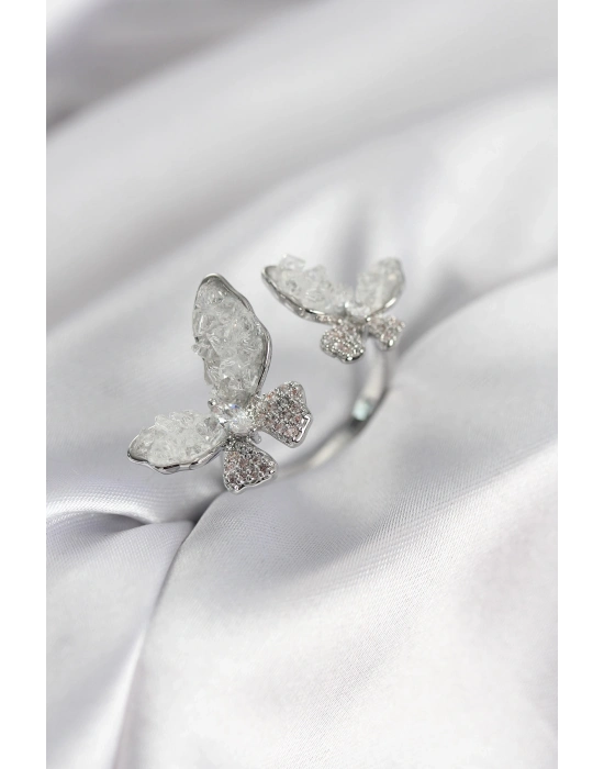 ® Gümüş Renk Beyaz Kelebek Model Zirkon Taşlı Kadın Yüzük