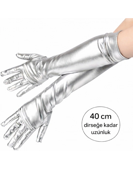 Gümüş Renk Dirsek Altı Lüks Saten Eldiven 40 cm