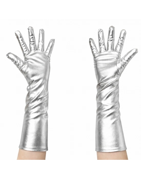 Gümüş Renk Dirsek Altı Lüks Saten Eldiven 40 cm