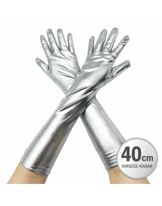 Gümüş Renk Dirsek Altı Lüks Saten Eldiven 40 Cm