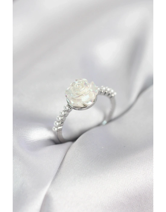 ® Gümüş Renk Gül Model İncili Kadın Yüzük