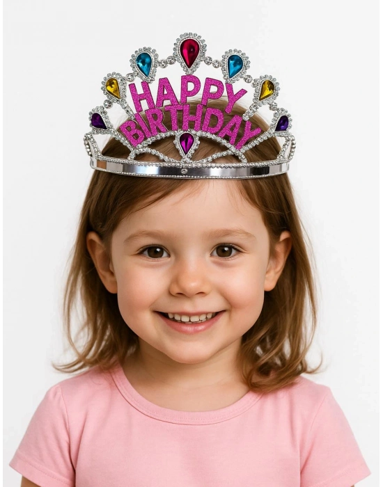 Gümüş Renk Happy Birthday Yazılı Doğum Günü Tacı 60 Cm