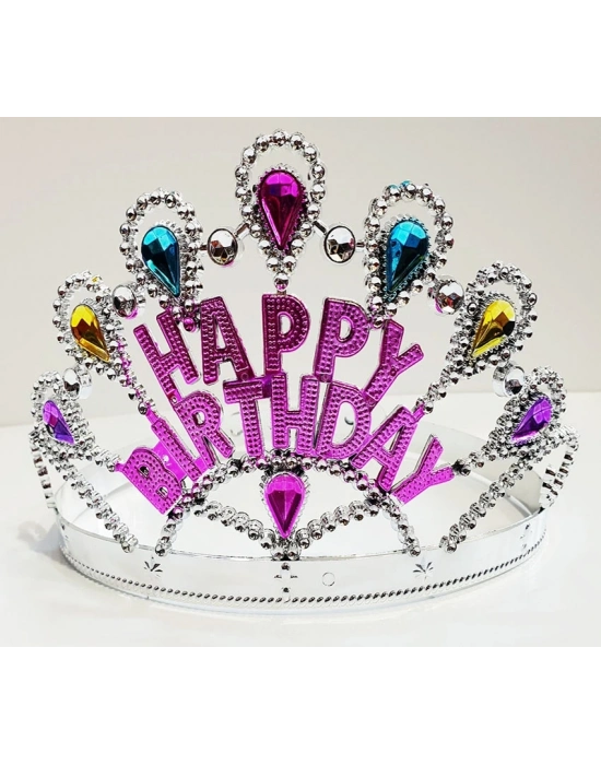 Gümüş Renk Happy Birthday Yazılı Doğum Günü Tacı 60 Cm