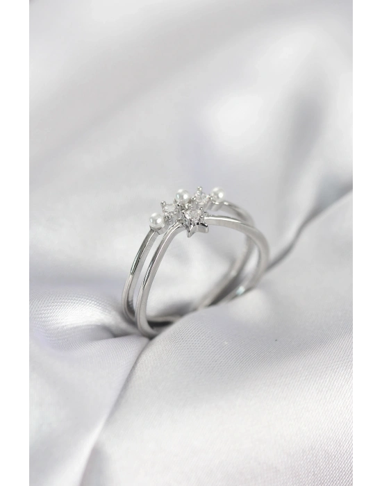 ® Gümüş Renk İncili Yıldız Model Zirkon Taşlı Kadın Yüzük