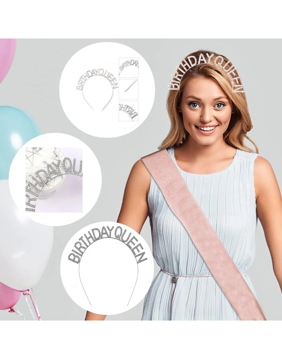 Gümüş Renk Kristal Taşlı Parlak Birthday Queen Yazılı Kraliçe Taç 16x17 Cm