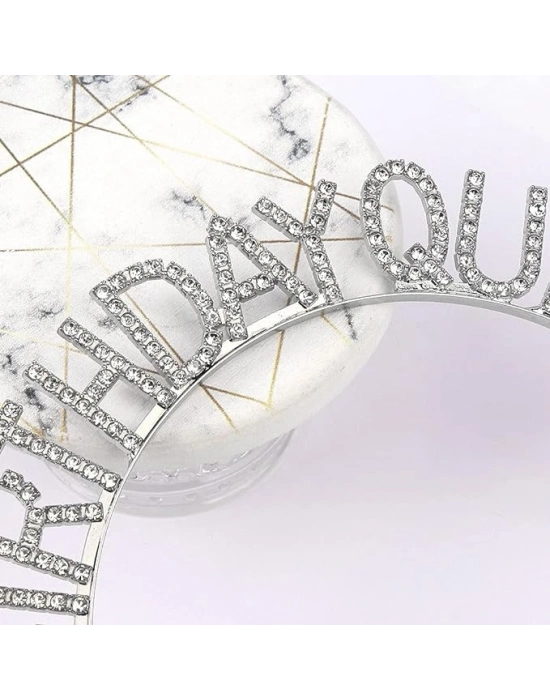 Gümüş Renk Kristal Taşlı Parlak Birthday Queen Yazılı Kraliçe Taç 16x17 Cm
